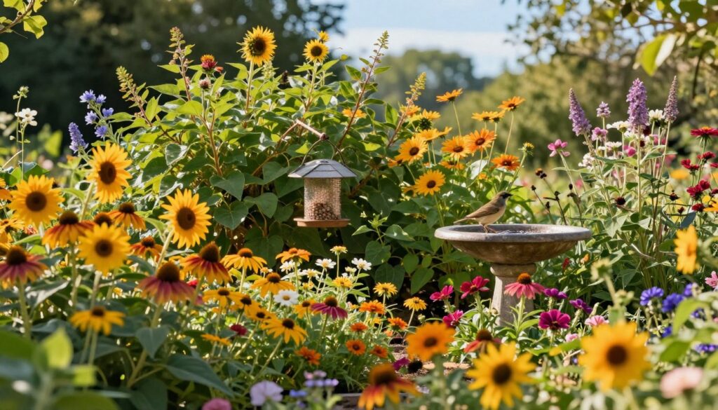 A vibrant garden filled with a variety of bird-friendly plants, showcasing colorful flower blossoms and lush green foliage. In the foreground, include a mix of native flowers like sunflowers and coneflowers, attracting birds with their vibrant colors. In the middle ground, display a small bird feeder among leafy shrubs, while a shallow birdbath glistens in natural sunlight, inviting birds to drink and bathe. The background features a gentle blur of trees and a clear blue sky. The lighting is warm and golden, evoking a serene and inviting atmosphere perfect for attracting birds. Capture a soft focus effect on the flowers to emphasize the intricate details and lushness of the plants.