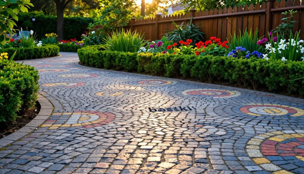 A vibrant garden pathway composed of intricately arranged "kostki brukowej" (cobblestones) in various patterns and styles, such as herringbone and circular designs. In the foreground, showcase the textured surfaces of the cobblestones with colorful designs, casting soft shadows on the ground. The middle ground features lush greenery, including vibrant flowers and carefully trimmed hedges that complement the stonework. In the background, add a charming wooden fence and trees, partially illuminated by warm golden hour sunlight filtering through the leaves. The atmosphere is serene and inviting, evoking a sense of tranquility and inspiration for garden design. The scene is captured from a low angle to emphasize the details of the cobblestones while including the surrounding greenery in a balanced composition. A vibrant garden pathway composed of intricately arranged "kostki brukowej" (cobblestones) in various patterns and styles, such as herringbone and circular designs. In the foreground, showcase the textured surfaces of the cobblestones with colorful designs, casting soft shadows on the ground. The middle ground features lush greenery, including vibrant flowers and carefully trimmed hedges that complement the stonework. In the background, add a charming wooden fence and trees, partially illuminated by warm golden hour sunlight filtering through the leaves. The atmosphere is serene and inviting, evoking a sense of tranquility and inspiration for garden design. The scene is captured from a low angle to emphasize the details of the cobblestones while including the surrounding greenery in a balanced composition.