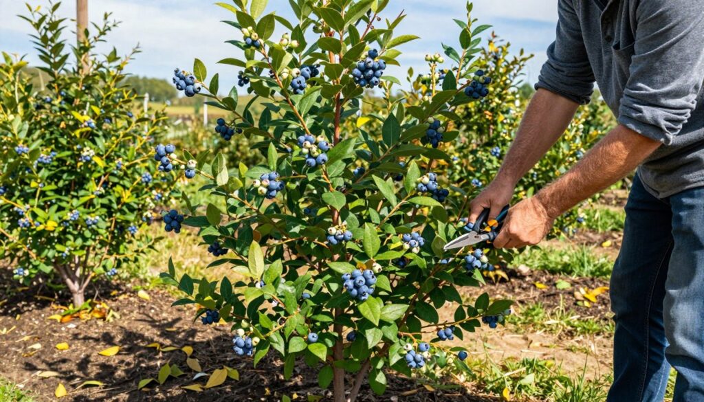 A vibrant garden scene depicting the optimal timing for pruning blueberry bushes, showcasing healthy, lush plants laden with ripe blueberries. In the foreground, a gardener in casual, professional attire carefully trims a bush using pruning shears, surrounded by a scattering of fallen leaves. The middle ground features several other blueberry bushes, each at different stages of growth, highlighting the seasonal changes. In the background, a serene landscape reveals a clear sky, soft sunlight filtering through the leaves, creating dappled shadows on the ground. The atmosphere conveys a sense of care and attention to detail in nurturing these plants for better fruiting. The composition captures the essence of horticultural practices, focusing on the health and productivity of blueberry plants. The image is bright and inviting, suggesting a warm, productive day in the garden. A vibrant garden scene depicting the optimal timing for pruning blueberry bushes, showcasing healthy, lush plants laden with ripe blueberries. In the foreground, a gardener in casual, professional attire carefully trims a bush using pruning shears, surrounded by a scattering of fallen leaves. The middle ground features several other blueberry bushes, each at different stages of growth, highlighting the seasonal changes. In the background, a serene landscape reveals a clear sky, soft sunlight filtering through the leaves, creating dappled shadows on the ground. The atmosphere conveys a sense of care and attention to detail in nurturing these plants for better fruiting. The composition captures the essence of horticultural practices, focusing on the health and productivity of blueberry plants. The image is bright and inviting, suggesting a warm, productive day in the garden.