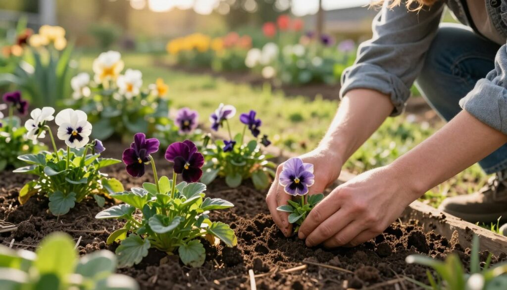A vibrant garden scene displaying the techniques of planting and transplanting violas (bratki) in a sunlit setting. In the foreground, a gardener in modest casual clothing is gently placing a small viola seedling into the soil, showcasing careful technique. Rich, dark soil and healthy green foliage surround the area. In the middle background, additional viola plants in various stages of growth are visible, thriving under the warm sunlight. The soft, golden hour lighting creates a serene atmosphere, enhancing the deep colors of the flowers. The backdrop features a blurred garden landscape, suggesting a lush environment filled with various seasonal blooms. The focus is on the act of planting, emphasizing care and attention in gardening practices, with no extraneous elements.
