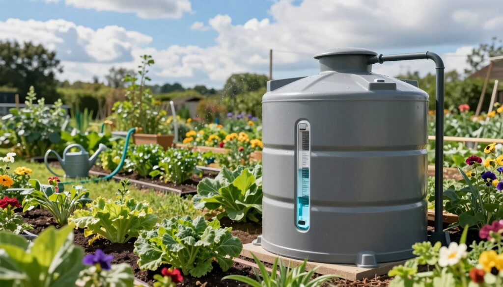 A vibrant garden scene featuring a large, modern rainwater harvesting tank prominently in the foreground, showcasing its sleek design and clear water level indicator. Surrounding the tank, lush green plants and colorful flowers thrive, indicating healthy irrigation supported by the collected rainwater. In the middle ground, a well-maintained vegetable patch can be seen, with garden hoses and watering cans positioned strategically for easy access. In the background, a bright blue sky with fluffy white clouds casts soft, natural lighting over the scene, creating a tranquil and productive atmosphere. The overall mood is one of sustainability and efficiency, emphasizing the importance of using rainwater as a resource for garden irrigation. A vibrant garden scene featuring a large, modern rainwater harvesting tank prominently in the foreground, showcasing its sleek design and clear water level indicator. Surrounding the tank, lush green plants and colorful flowers thrive, indicating healthy irrigation supported by the collected rainwater. In the middle ground, a well-maintained vegetable patch can be seen, with garden hoses and watering cans positioned strategically for easy access. In the background, a bright blue sky with fluffy white clouds casts soft, natural lighting over the scene, creating a tranquil and productive atmosphere. The overall mood is one of sustainability and efficiency, emphasizing the importance of using rainwater as a resource for garden irrigation.