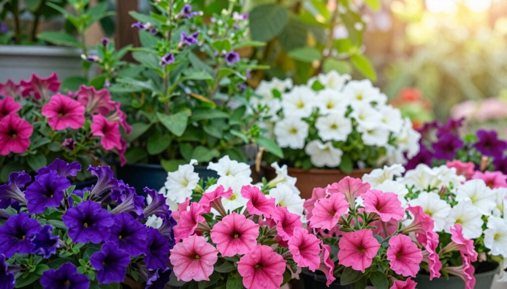A vibrant garden scene featuring a variety of garden petunias in full bloom. In the foreground, display clusters of different petunia cultivars showcasing a spectrum of colors—from deep purples and bright pinks to white and bi-colored blooms. The middle ground should feature a slightly blurred backdrop of lush green foliage, with some plants cascading over the edges of flower pots, reflecting the growth habit differences among the cultivars. In the background, soft sunlight filters through the leaves, creating a warm, inviting atmosphere. The lighting is soft and natural, highlighting the delicate petals and textures of the flowers. Capture the image from a slightly elevated angle to provide depth and clarity to the petunias' distinct shapes and arrangements. A vibrant garden scene featuring a variety of garden petunias in full bloom. In the foreground, display clusters of different petunia cultivars showcasing a spectrum of colors—from deep purples and bright pinks to white and bi-colored blooms. The middle ground should feature a slightly blurred backdrop of lush green foliage, with some plants cascading over the edges of flower pots, reflecting the growth habit differences among the cultivars. In the background, soft sunlight filters through the leaves, creating a warm, inviting atmosphere. The lighting is soft and natural, highlighting the delicate petals and textures of the flowers. Capture the image from a slightly elevated angle to provide depth and clarity to the petunias' distinct shapes and arrangements.