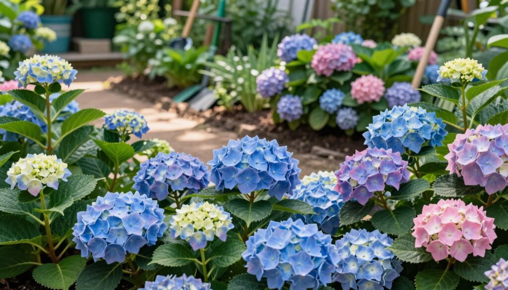 A vibrant garden scene featuring a variety of hydrangeas (hortensja ogrodowa) in full bloom, showcasing different cultivars with lush, colorful petals in shades of blue, pink, and white. In the foreground, the detailed flowers exhibit their intricate textures and formations, with healthy green leaves surrounding them. The middle ground reveals a neatly organized garden bed, demonstrating proper spacing for healthy growth, while a gentle sunlight bathes the scene, creating soft shadows. In the background, blurred green foliage and a few garden tools provide context, enhancing the natural garden atmosphere. Overall, the image conveys a serene, nurturing vibe, ideal for illustrating the requirements of various hydrangea varieties. A vibrant garden scene featuring a variety of hydrangeas (hortensja ogrodowa) in full bloom, showcasing different cultivars with lush, colorful petals in shades of blue, pink, and white. In the foreground, the detailed flowers exhibit their intricate textures and formations, with healthy green leaves surrounding them. The middle ground reveals a neatly organized garden bed, demonstrating proper spacing for healthy growth, while a gentle sunlight bathes the scene, creating soft shadows. In the background, blurred green foliage and a few garden tools provide context, enhancing the natural garden atmosphere. Overall, the image conveys a serene, nurturing vibe, ideal for illustrating the requirements of various hydrangea varieties.
