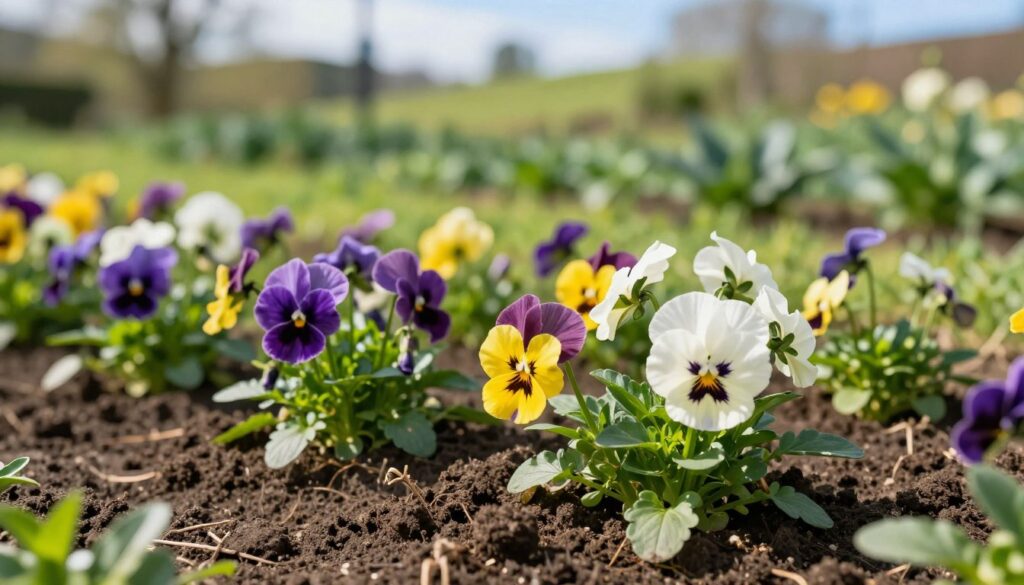 A vibrant garden scene featuring healthy, blooming pansies (bratki) thriving in optimal soil. In the foreground, a close-up of rich, dark brown soil, freshly tilled and nutrient-dense, interspersed with vibrant green foliage. The middle ground reveals clusters of colorful pansies in full bloom, showcasing a variety of hues—purple, yellow, and white—each flower exhibiting rich textures. Soft sunlight filters through the leaves, creating dappled light patterns. The background consists of a lush, green garden landscape with gentle hills fading into a soft blue sky, evoking a sense of tranquility and growth. The overall atmosphere is serene and inviting, emphasizing the importance of healthy growth conditions for pansies. A vibrant garden scene featuring healthy, blooming pansies (bratki) thriving in optimal soil. In the foreground, a close-up of rich, dark brown soil, freshly tilled and nutrient-dense, interspersed with vibrant green foliage. The middle ground reveals clusters of colorful pansies in full bloom, showcasing a variety of hues—purple, yellow, and white—each flower exhibiting rich textures. Soft sunlight filters through the leaves, creating dappled light patterns. The background consists of a lush, green garden landscape with gentle hills fading into a soft blue sky, evoking a sense of tranquility and growth. The overall atmosphere is serene and inviting, emphasizing the importance of healthy growth conditions for pansies.