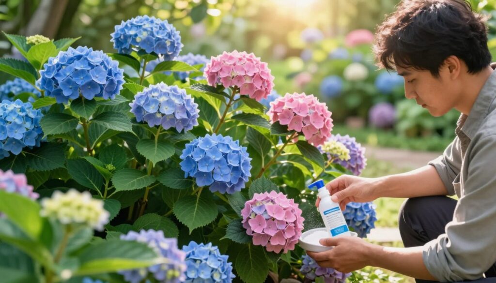 A vibrant garden scene featuring lush, blooming hydrangeas in varying shades of blue and pink, illustrating the importance of fertilizing for their health. In the foreground, a gardener in a modest casual outfit gently applies organic fertilizer around the base of the hydrangeas, with a focused expression. The middle section showcases the vibrant foliage and flowers of the hydrangeas, highlighting their fullness and vitality. In the background, a sunlit garden with soft bokeh creates a warm, inviting atmosphere. The sunlight filters through the leaves, casting gentle shadows and enhancing the colors. Capture this scene from a slightly elevated angle to emphasize the depth and beauty of growth while evoking a sense of tranquility and nurture. A vibrant garden scene featuring lush, blooming hydrangeas in varying shades of blue and pink, illustrating the importance of fertilizing for their health. In the foreground, a gardener in a modest casual outfit gently applies organic fertilizer around the base of the hydrangeas, with a focused expression. The middle section showcases the vibrant foliage and flowers of the hydrangeas, highlighting their fullness and vitality. In the background, a sunlit garden with soft bokeh creates a warm, inviting atmosphere. The sunlight filters through the leaves, casting gentle shadows and enhancing the colors. Capture this scene from a slightly elevated angle to emphasize the depth and beauty of growth while evoking a sense of tranquility and nurture.