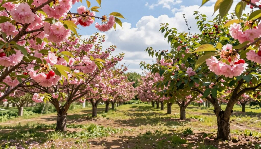 A vibrant garden scene featuring various cherry tree cultivars in full bloom. In the foreground, a close-up view of branches adorned with lush, pink blossoms and ripe cherries, highlighting the diversity in shape and color of the fruits. The middle ground shows a spacious garden with evenly spaced cherry trees, showcasing their sturdy trunks and verdant leaves. In the background, a clear blue sky with gentle, fluffy clouds creates a serene atmosphere. Soft, warm sunlight casts pleasing shadows, enhancing the colors and textures of the trees and fruits. The overall mood is idyllic and inviting, perfect for a gardening article. A vibrant garden scene featuring various cherry tree cultivars in full bloom. In the foreground, a close-up view of branches adorned with lush, pink blossoms and ripe cherries, highlighting the diversity in shape and color of the fruits. The middle ground shows a spacious garden with evenly spaced cherry trees, showcasing their sturdy trunks and verdant leaves. In the background, a clear blue sky with gentle, fluffy clouds creates a serene atmosphere. Soft, warm sunlight casts pleasing shadows, enhancing the colors and textures of the trees and fruits. The overall mood is idyllic and inviting, perfect for a gardening article.