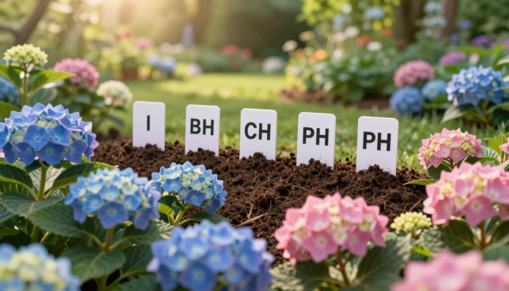 A vibrant garden scene focused on a cluster of hydrangeas in various colors, showcasing the impact of pH on flower coloration. In the foreground, lush, healthy hydrangea blooms—some blue, some pink—display their unique hues under the warm sunlight. The middle ground features soil samples labeled with different pH levels, demonstrating the correlation between soil acidity and flower color. In the background, a blurred view of a serene garden setting, with soft-focus greenery and flowers enhancing the atmosphere of growth and vitality. The lighting is warm and inviting, evoking a sense of transformation and life. The composition strikes a balance between scientific demonstration and natural beauty, emphasizing the importance of pH in horticulture. A vibrant garden scene focused on a cluster of hydrangeas in various colors, showcasing the impact of pH on flower coloration. In the foreground, lush, healthy hydrangea blooms—some blue, some pink—display their unique hues under the warm sunlight. The middle ground features soil samples labeled with different pH levels, demonstrating the correlation between soil acidity and flower color. In the background, a blurred view of a serene garden setting, with soft-focus greenery and flowers enhancing the atmosphere of growth and vitality. The lighting is warm and inviting, evoking a sense of transformation and life. The composition strikes a balance between scientific demonstration and natural beauty, emphasizing the importance of pH in horticulture.