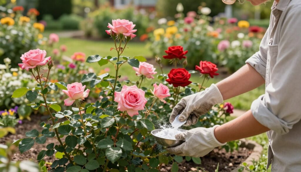A vibrant garden scene focusing on healthy, blooming rose bushes being carefully fertilized by a gardener. In the foreground, an attentive gardener in a light, casual shirt and gloves gently spreads organic fertilizer around the base of pink and red roses, showcasing their lush green leaves. The middle ground features multiple rose plants at various stages of growth, emphasizing freshness and vitality. In the background, a soft-focus of colorful wildflowers and blurred greenery creates a pleasing depth. Natural sunlight filters through the leaves, casting gentle shadows and illuminating the scene with a warm, inviting glow. The overall atmosphere is peaceful and nurturing, capturing the essence of encouraging rose growth through proper fertilization.