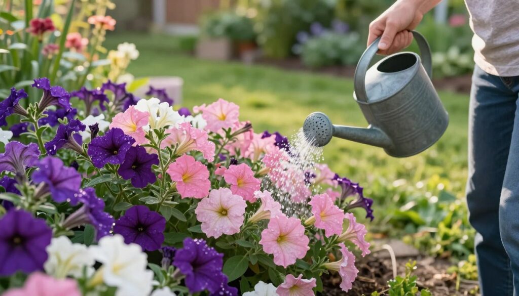 A vibrant garden scene focusing on well-watered petunias in various shades of purple, pink, and white, showcasing their lush foliage. In the foreground, a person in a casual gardening outfit, with a watering can, gently waters the petunias, demonstrating proper watering techniques. In the middle ground, clusters of petunias with their delicate petals glistening with droplets of water catch the soft morning sunlight. The background features a serene garden setting with soft green grass and blurred hints of other flowering plants, creating a harmonious atmosphere. The image should have warm, natural lighting, capturing the freshness of early morning, through a slightly wide-angle lens to emphasize the beauty and care in gardening. A vibrant garden scene focusing on well-watered petunias in various shades of purple, pink, and white, showcasing their lush foliage. In the foreground, a person in a casual gardening outfit, with a watering can, gently waters the petunias, demonstrating proper watering techniques. In the middle ground, clusters of petunias with their delicate petals glistening with droplets of water catch the soft morning sunlight. The background features a serene garden setting with soft green grass and blurred hints of other flowering plants, creating a harmonious atmosphere. The image should have warm, natural lighting, capturing the freshness of early morning, through a slightly wide-angle lens to emphasize the beauty and care in gardening.