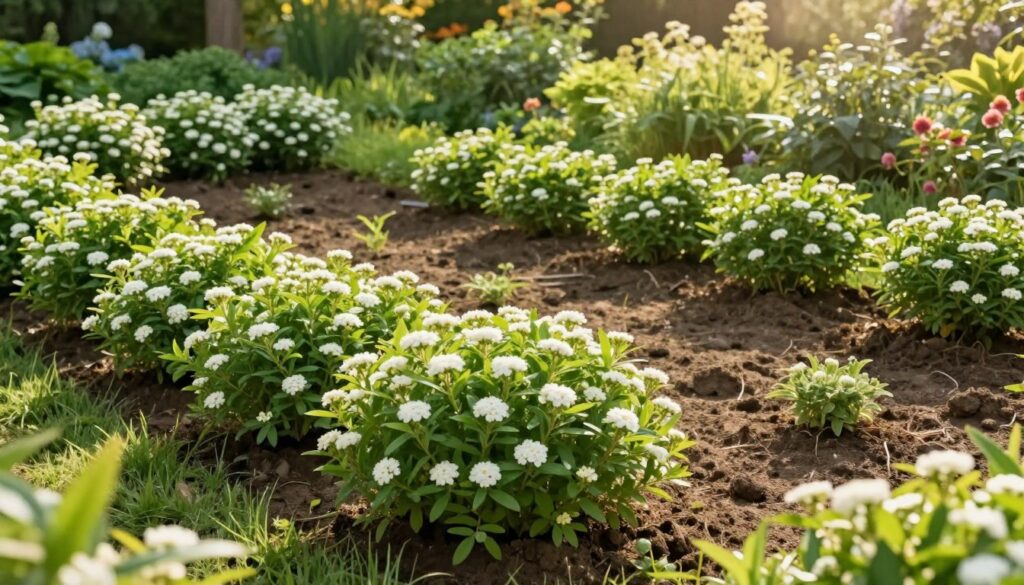 A vibrant garden scene showcasing Japanese spiraea with clear indications of planting errors. In the foreground, illustrate a dense cluster of spiraea with uneven spacing, some plants overcrowded and others sparsely placed, highlighting common mistakes in planting. The middle ground should include a well-maintained section with balanced, proper spacing, demonstrating ideal planting practices for a lush border. The background features softly blurred greenery to evoke a sense of tranquility. The lighting is warm and inviting, with sunlight streaming through, creating soft shadows. Use a slightly elevated angle to capture the layout details of both sections prominently, conveying the concept of ideal versus flawed planting aesthetics. The atmosphere is serene, emphasizing the importance of planting technique.