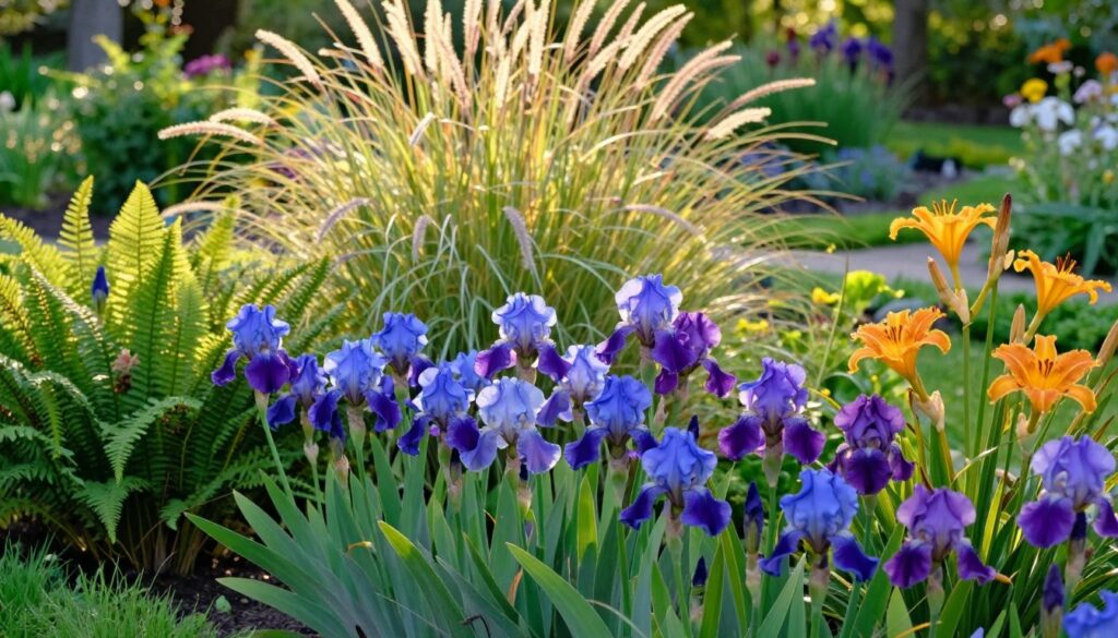 A vibrant garden scene showcasing a creative combination of irises and various perennial plants. In the foreground, clusters of striking blue and purple irises intermingle with delicate ferns and golden daylilies, creating a rich tapestry of color and texture. In the middle ground, tall, wispy grasses sway gently, adding depth to the composition. The background features softly blurred garden elements under the warm glow of late afternoon sunlight, enhancing the image’s inviting atmosphere. Capture this scene with a shallow depth of field to emphasize the intricate details of the irises and the surrounding flora. The overall mood should be serene and uplifting, inviting viewers to appreciate the beauty of botanical combinations in a tranquil setting. A vibrant garden scene showcasing a creative combination of irises and various perennial plants. In the foreground, clusters of striking blue and purple irises intermingle with delicate ferns and golden daylilies, creating a rich tapestry of color and texture. In the middle ground, tall, wispy grasses sway gently, adding depth to the composition. The background features softly blurred garden elements under the warm glow of late afternoon sunlight, enhancing the image’s inviting atmosphere. Capture this scene with a shallow depth of field to emphasize the intricate details of the irises and the surrounding flora. The overall mood should be serene and uplifting, inviting viewers to appreciate the beauty of botanical combinations in a tranquil setting.