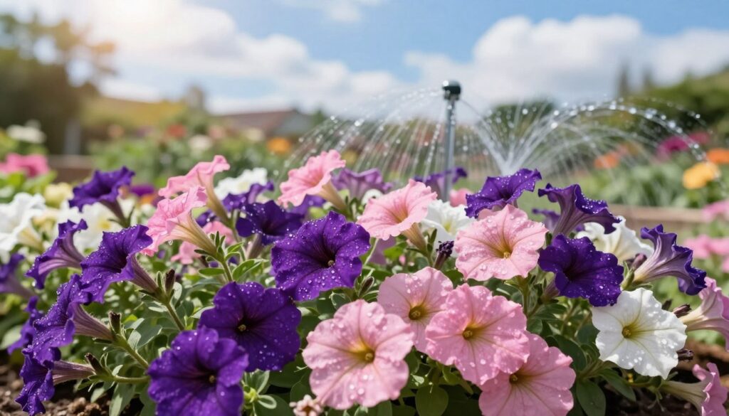 A vibrant garden scene showcasing a lush bed of petunias in full bloom, emphasized in the foreground. The petunias, in varying shades of purple, pink, and white, are meticulously arranged, displaying their delicate petals glistening with fresh dew. In the middle ground, a gentle drip irrigation system is subtly visible, highlighting the importance of optimal watering methods during summer heat. The background features a sunlit blue sky with soft, fluffy clouds, casting dappled light over the garden, creating a warm and inviting atmosphere. A shallow depth of field focuses on the flowers, blurring the background slightly for emphasis. The overall mood is bright, cheerful, and serene, reflecting a well-cared-for garden. A vibrant garden scene showcasing a lush bed of petunias in full bloom, emphasized in the foreground. The petunias, in varying shades of purple, pink, and white, are meticulously arranged, displaying their delicate petals glistening with fresh dew. In the middle ground, a gentle drip irrigation system is subtly visible, highlighting the importance of optimal watering methods during summer heat. The background features a sunlit blue sky with soft, fluffy clouds, casting dappled light over the garden, creating a warm and inviting atmosphere. A shallow depth of field focuses on the flowers, blurring the background slightly for emphasis. The overall mood is bright, cheerful, and serene, reflecting a well-cared-for garden.