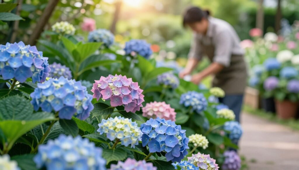 A vibrant garden scene showcasing a variety of colorful hydrangeas (hortensji) in full bloom. In the foreground, clusters of blue, pink, and white blooming hydrangeas create a rich tapestry of colors. Some flowers are in detailed close-up, highlighting the intricate petal textures and delicate shapes. The middle ground features lush green foliage and the soft silhouette of a gardener gently tending to the plants, wearing modest, casual clothing, ensuring a relatable atmosphere. In the background, a soft-focus view of a sunlit garden path and other flowering plants enhances the setting. Warm, natural sunlight filters through the leaves, casting a soft glow that evokes a serene and nurturing mood, perfect for inspiring readers about alternative methods of expanding their hydrangea collections in their gardens.