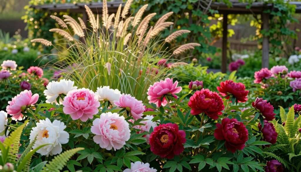 A vibrant garden scene showcasing an artistic composition of peonies intermingled with complementary plants. In the foreground, lush, blooming peonies in various shades of pink, white, and deep red create a focal point, their petals glistening with morning dew. Surrounding the peonies, delicate ferns and contrasting foliage add depth and texture. In the middle ground, tall, slender stems of ornamental grasses sway gently in the breeze, catching the soft sunlight. The background features a blurred, sun-dappled trellis, covered with climbing vines, enhancing the serene atmosphere. The lighting is warm and golden, suggesting a late afternoon glow. The overall mood is tranquil and joyful, inviting viewers to imagine the beauty of this harmonious plant arrangement. A vibrant garden scene showcasing an artistic composition of peonies intermingled with complementary plants. In the foreground, lush, blooming peonies in various shades of pink, white, and deep red create a focal point, their petals glistening with morning dew. Surrounding the peonies, delicate ferns and contrasting foliage add depth and texture. In the middle ground, tall, slender stems of ornamental grasses sway gently in the breeze, catching the soft sunlight. The background features a blurred, sun-dappled trellis, covered with climbing vines, enhancing the serene atmosphere. The lighting is warm and golden, suggesting a late afternoon glow. The overall mood is tranquil and joyful, inviting viewers to imagine the beauty of this harmonious plant arrangement.