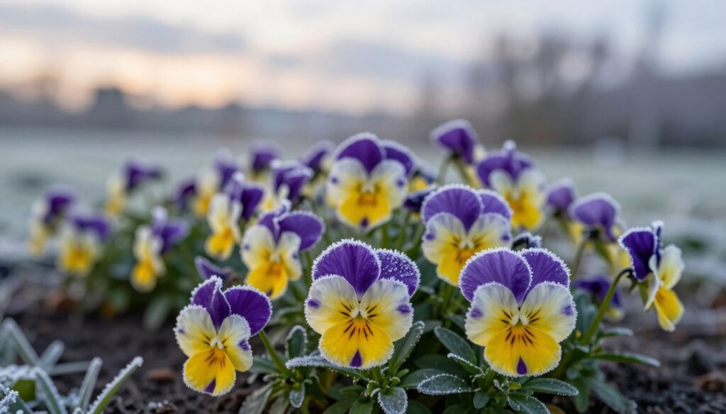 A vibrant garden scene showcasing hardy pansies resilient against frost. In the foreground, close-up shots of colorful pansies with frost lightly coating their petals, showcasing shades of purple, yellow, and white. The middle ground features a slightly blurred view of additional pansies, emphasizing their robustness amidst cold conditions. In the background, a soft-focus depiction of a frosty landscape, highlighting a pale winter sky with hints of early morning light breaking through the clouds. The overall atmosphere conveys a sense of hope and endurance, with delicate frost glimmering in the light, creating a serene yet resilient mood. The image should have soft, natural lighting, shot from a low angle to accentuate the flowers’ vibrant colors against the cool tones of winter. A vibrant garden scene showcasing hardy pansies resilient against frost. In the foreground, close-up shots of colorful pansies with frost lightly coating their petals, showcasing shades of purple, yellow, and white. The middle ground features a slightly blurred view of additional pansies, emphasizing their robustness amidst cold conditions. In the background, a soft-focus depiction of a frosty landscape, highlighting a pale winter sky with hints of early morning light breaking through the clouds. The overall atmosphere conveys a sense of hope and endurance, with delicate frost glimmering in the light, creating a serene yet resilient mood. The image should have soft, natural lighting, shot from a low angle to accentuate the flowers’ vibrant colors against the cool tones of winter.