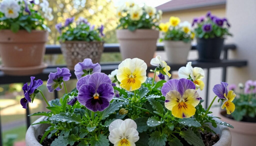 A vibrant garden scene showcasing hardy pansies thriving in a balcony setting, demonstrating their frost resistance. In the foreground, a cluster of colorful pansies in various shades of purple, yellow, and white, surrounded by lush green foliage with droplets of morning dew glistening on petals. The middle ground features a stylish balcony adorned with decorative pots and planters filled with these resilient flowers, evoking a sense of early spring life. In the background, soft sunlight filters through the leaves of nearby trees, casting gentle shadows and creating a warm, inviting atmosphere. The scene should be captured with a shallow depth of field, focusing on the pansies while softening the background, enhancing the beauty of these hardy blooms and illustrating their ability to flourish in cooler temperatures.
