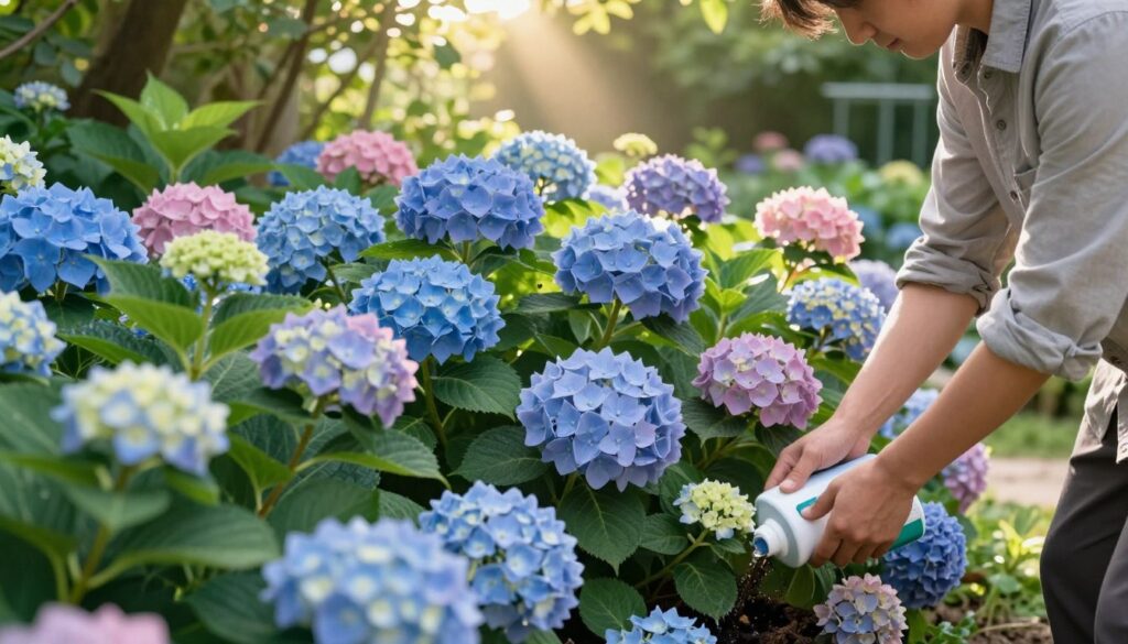 A vibrant garden scene showcasing lush, blooming hydrangeas in various shades of blue, pink, and white, illustrating the concept of fertilizing these beautiful plants. In the foreground, a gardener, dressed in modest casual clothing, gently tends to the hydrangeas, carefully applying fertilizer at the base of the plants. The middle ground features a variety of hydrangeas, showcasing their dense foliage and large, colorful flower clusters. In the background, a sunny garden with rays of soft golden light filtering through the leaves, casting gentle shadows that emphasize the healthy growth of the flowers. The overall atmosphere is peaceful and nurturing, evoking the vitality of a well-maintained garden during the growing season. A vibrant garden scene showcasing lush, blooming hydrangeas in various shades of blue, pink, and white, illustrating the concept of fertilizing these beautiful plants. In the foreground, a gardener, dressed in modest casual clothing, gently tends to the hydrangeas, carefully applying fertilizer at the base of the plants. The middle ground features a variety of hydrangeas, showcasing their dense foliage and large, colorful flower clusters. In the background, a sunny garden with rays of soft golden light filtering through the leaves, casting gentle shadows that emphasize the healthy growth of the flowers. The overall atmosphere is peaceful and nurturing, evoking the vitality of a well-maintained garden during the growing season.