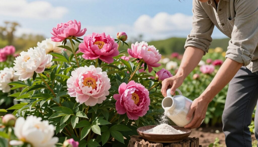 A vibrant garden scene showcasing lush, flowering peonies in full bloom, illustrating effective fertilization strategies. In the foreground, a gardener in modest casual clothing gently spreads organic fertilizer around the base of a cluster of vivid pink and white peonies, highlighting their healthy leaves and thick stems. The middle ground features various types of peonies, showcasing their rich textures and layers of petals against a soft-focus backdrop of green foliage. The background consists of a bright blue sky with a few fluffy clouds, filtering warm sunlight that casts a cheerful and inviting glow across the scene. The atmosphere conveys a sense of care and growth, emphasizing the essential role of proper fertilization for achieving abundant blooms. A vibrant garden scene showcasing lush, flowering peonies in full bloom, illustrating effective fertilization strategies. In the foreground, a gardener in modest casual clothing gently spreads organic fertilizer around the base of a cluster of vivid pink and white peonies, highlighting their healthy leaves and thick stems. The middle ground features various types of peonies, showcasing their rich textures and layers of petals against a soft-focus backdrop of green foliage. The background consists of a bright blue sky with a few fluffy clouds, filtering warm sunlight that casts a cheerful and inviting glow across the scene. The atmosphere conveys a sense of care and growth, emphasizing the essential role of proper fertilization for achieving abundant blooms.