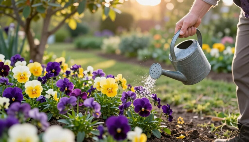 A vibrant garden scene showcasing pansies in full bloom, with an emphasis on rich purple, yellow, and white petals. In the foreground, a person in modest casual clothing gently waters pansies with a watering can, capturing the essence of nurturing garden care. The middle ground features a well-tended flower bed filled with flourishing pansies, interspersed with green leaves and healthy soil. The background contains a lush garden setting, with sunlight filtering through the leaves of nearby trees, casting soft patterns on the ground. The atmosphere is peaceful and serene, evoking a sense of harmony with nature, and the golden hour light enhances the colors of the flowers, making them appear vivid and inviting. Shot at eye level with a soft focus effect on the background to highlight the watering action in the foreground. A vibrant garden scene showcasing pansies in full bloom, with an emphasis on rich purple, yellow, and white petals. In the foreground, a person in modest casual clothing gently waters pansies with a watering can, capturing the essence of nurturing garden care. The middle ground features a well-tended flower bed filled with flourishing pansies, interspersed with green leaves and healthy soil. The background contains a lush garden setting, with sunlight filtering through the leaves of nearby trees, casting soft patterns on the ground. The atmosphere is peaceful and serene, evoking a sense of harmony with nature, and the golden hour light enhances the colors of the flowers, making them appear vivid and inviting. Shot at eye level with a soft focus effect on the background to highlight the watering action in the foreground.