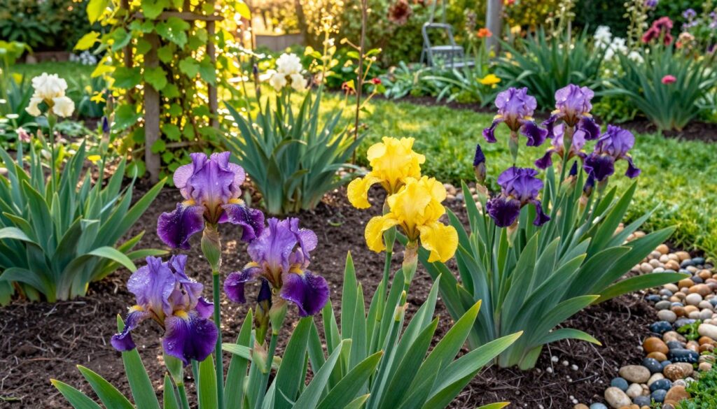 A vibrant garden scene showcasing the ideal planting location for irises, filled with lush greenery. In the foreground, a variety of healthy iris plants with vivid purple and yellow blooms, their petals glistening from morning dew. The middle ground features a neatly tended garden bed, highlighted by rich, dark soil and surrounded by small, colorful pebbles. In the background, a softly blurred image of a sun-dappled trellis adorned with climbing vines and bright green leaves, suggesting an inviting, sunny environment. The sunlight filters through the foliage, casting a warm, golden glow over the scene, enhancing the tranquil and nurturing atmosphere of a well-kept garden. Shot from a slightly elevated angle to capture the beauty of the arrangement.