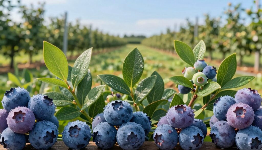 A vibrant garden scene showcasing various American blueberry cultivars arranged harmoniously. In the foreground, clusters of ripe blueberries in different shades of blue and purple, glistening with morning dew. The middle ground features lush green foliage with distinctive leaves of various blueberry varieties, labeled naturally by their appearance. In the background, a soft-focus landscape of a sunny orchard under a clear blue sky, creating a warm and inviting atmosphere. The lighting is bright yet soft, emphasizing the freshness of the fruits and the greenery. The image should evoke a sense of agricultural abundance and beauty, reflecting the ideal conditions for blueberry pairing in cultivation. No text or watermarks should be present.
