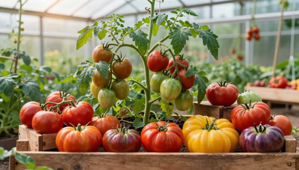 A vibrant garden scene showcasing various tomato cultivars in lush green surroundings. In the foreground, display a variety of colorful tomatoes, including red, yellow, and purple heirloom varieties, arranged artfully on rustic wooden crates. In the middle ground, include healthy tomato plants with ripe fruits hanging, showcasing both indeterminate and determinate growth styles. The background features a greenhouse made of glass, with sunlight streaming through, casting soft, warm light on the scene. Use a shallow depth of field to focus on the tomatoes in the foreground while subtly blurring the greenhouse and plants behind. The atmosphere is lively and inviting, emphasizing the bounty and diversity of tomato varieties suitable for gardens and greenhouses. A vibrant garden scene showcasing various tomato cultivars in lush green surroundings. In the foreground, display a variety of colorful tomatoes, including red, yellow, and purple heirloom varieties, arranged artfully on rustic wooden crates. In the middle ground, include healthy tomato plants with ripe fruits hanging, showcasing both indeterminate and determinate growth styles. The background features a greenhouse made of glass, with sunlight streaming through, casting soft, warm light on the scene. Use a shallow depth of field to focus on the tomatoes in the foreground while subtly blurring the greenhouse and plants behind. The atmosphere is lively and inviting, emphasizing the bounty and diversity of tomato varieties suitable for gardens and greenhouses.