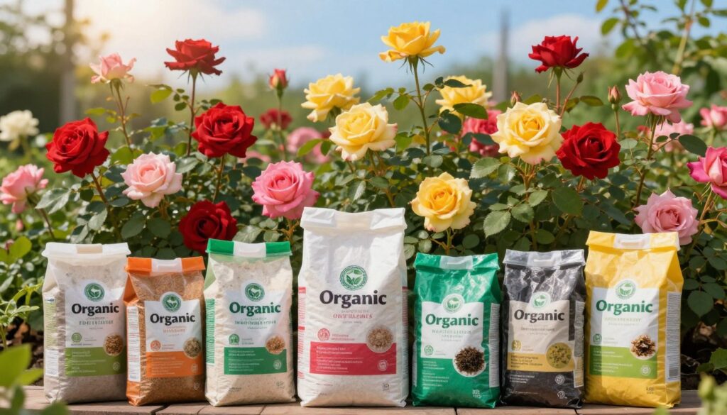 A vibrant garden scene showcasing various types of organic fertilizers used for nurturing roses. In the foreground, a collection of colorful and labeled organic fertilizer bags, featuring natural ingredients like compost, manure, and seaweed. The middle ground displays blooming rose bushes in rich hues of red, pink, and yellow, showcasing their lush petals and green leaves. In the background, a sunny sky illuminates the garden, enhancing the cheerful atmosphere. Soft, warm lighting creates an inviting vibe, highlighting the details of the fertilizers and the beauty of the roses. The overall composition should evoke a sense of growth, health, and the joys of gardening, with a focus on natural and organic gardening practices. A vibrant garden scene showcasing various types of organic fertilizers used for nurturing roses. In the foreground, a collection of colorful and labeled organic fertilizer bags, featuring natural ingredients like compost, manure, and seaweed. The middle ground displays blooming rose bushes in rich hues of red, pink, and yellow, showcasing their lush petals and green leaves. In the background, a sunny sky illuminates the garden, enhancing the cheerful atmosphere. Soft, warm lighting creates an inviting vibe, highlighting the details of the fertilizers and the beauty of the roses. The overall composition should evoke a sense of growth, health, and the joys of gardening, with a focus on natural and organic gardening practices.