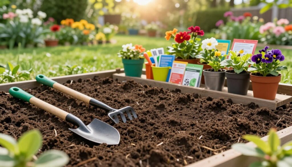 A vibrant garden setting showcasing the preparation of an ideal flower planting area. In the foreground, rich, dark soil is freshly turned, with gardening tools such as a spade and rake neatly placed beside it. The middle ground features a colorful assortment of gardening supplies, including small potted plants and seed packets, arranged aesthetically. The background includes a lush green lawn and blooming flowers, with soft sunlight filtering through trees, creating a warm, inviting atmosphere. Capture the scene from a slightly elevated angle to provide depth, emphasizing the textures of soil and leaves. The mood is optimistic and nurturing, perfect for a gardening enthusiast. A vibrant garden setting showcasing the preparation of an ideal flower planting area. In the foreground, rich, dark soil is freshly turned, with gardening tools such as a spade and rake neatly placed beside it. The middle ground features a colorful assortment of gardening supplies, including small potted plants and seed packets, arranged aesthetically. The background includes a lush green lawn and blooming flowers, with soft sunlight filtering through trees, creating a warm, inviting atmosphere. Capture the scene from a slightly elevated angle to provide depth, emphasizing the textures of soil and leaves. The mood is optimistic and nurturing, perfect for a gardening enthusiast.