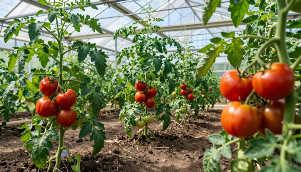 A vibrant greenhouse filled with lush, healthy tomato plants thriving in their soil beds. In the foreground, ripe, deep red tomatoes hang from the branches, glistening under soft, natural sunlight filtering through the glass panels above. The middle ground features neatly arranged rows of tomato plants, showcasing their rich green leaves and sturdy stems, creating a sense of abundance. In the background, the structure of the greenhouse is visible, with its greenhouse framework and the bright blue sky outside. The image conveys a warm, inviting atmosphere, emphasizing growth and care. The scene is well-lit, highlighting the textures of the plants, and shot from a slightly elevated angle to capture the depth and organization of the greenhouse layout. A vibrant greenhouse filled with lush, healthy tomato plants thriving in their soil beds. In the foreground, ripe, deep red tomatoes hang from the branches, glistening under soft, natural sunlight filtering through the glass panels above. The middle ground features neatly arranged rows of tomato plants, showcasing their rich green leaves and sturdy stems, creating a sense of abundance. In the background, the structure of the greenhouse is visible, with its greenhouse framework and the bright blue sky outside. The image conveys a warm, inviting atmosphere, emphasizing growth and care. The scene is well-lit, highlighting the textures of the plants, and shot from a slightly elevated angle to capture the depth and organization of the greenhouse layout.