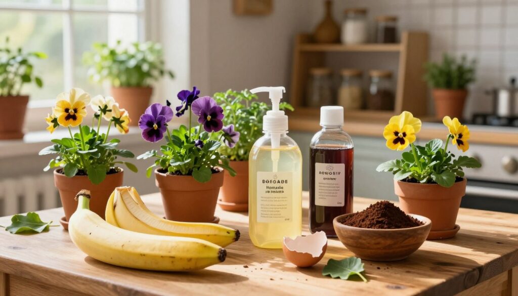 A vibrant kitchen scene focusing on homemade fertilizers for pansies. In the foreground, a wooden table displays natural ingredients like banana peels, eggshells, coffee grounds, and crushed leaves, arranged artfully in rustic bowls. The middle ground features lively potted pansies with colorful petals, showcasing their health and vitality. Sunlight streams in from a nearby window, illuminating the plants and creating soft shadows, enhancing the warm ambiance. In the background, shelves filled with small glass jars and potted herbs suggest a cozy, inviting atmosphere, emphasizing a connection to nature. The overall mood is cheerful and nurturing, promoting a sense of growth and care. A vibrant kitchen scene focusing on homemade fertilizers for pansies. In the foreground, a wooden table displays natural ingredients like banana peels, eggshells, coffee grounds, and crushed leaves, arranged artfully in rustic bowls. The middle ground features lively potted pansies with colorful petals, showcasing their health and vitality. Sunlight streams in from a nearby window, illuminating the plants and creating soft shadows, enhancing the warm ambiance. In the background, shelves filled with small glass jars and potted herbs suggest a cozy, inviting atmosphere, emphasizing a connection to nature. The overall mood is cheerful and nurturing, promoting a sense of growth and care.