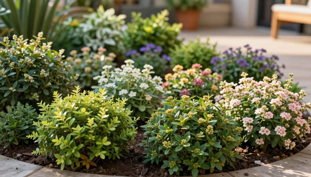 A vibrant, lush display of small leafy shrubs, showcasing a variety of colors and textures. In the foreground, focus on compact, ornamental shrubs like dwarf spirea and boxwood, with rich green and pastel blossoms, displaying detailed leaf structures. The middle ground features an inviting flower bed with diverse small shrubs, harmoniously arranged around a cozy terrace area. Soft, warm sunlight filters through, casting gentle shadows and highlighting the greenery. The background reveals a blurred patio, enhancing the serene, garden atmosphere. Use a shallow depth of field to draw attention to the intricate details of the shrubs. Aim for a peaceful, inviting mood that celebrates the beauty of miniature leafy shrubs in a small garden setting.