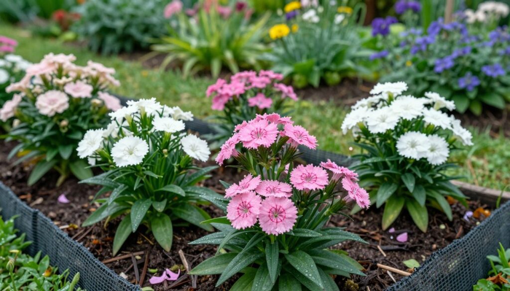 A vibrant, lush garden scene featuring healthy, perennial pink and white dianthus flowers, commonly known as "goździki," thriving under a soft, diffused sunlight. In the foreground, several flowering dianthus with lush, green foliage are visible, adorned with droplets of morning dew. The middle ground shows healthy plants surrounded by protective natural barriers such as netting or organic mulch, symbolizing their resilience against pests and fungal diseases. In the background, a well-maintained garden with a mix of other perennial plants creates a harmonious environment. The overall atmosphere is serene and flourishing, with a focus on plant health and a rich biodiversity. The image is captured with a shallow depth of field, emphasizing the details of the flowers while softly blurring the background. A vibrant, lush garden scene featuring healthy, perennial pink and white dianthus flowers, commonly known as "goździki," thriving under a soft, diffused sunlight. In the foreground, several flowering dianthus with lush, green foliage are visible, adorned with droplets of morning dew. The middle ground shows healthy plants surrounded by protective natural barriers such as netting or organic mulch, symbolizing their resilience against pests and fungal diseases. In the background, a well-maintained garden with a mix of other perennial plants creates a harmonious environment. The overall atmosphere is serene and flourishing, with a focus on plant health and a rich biodiversity. The image is captured with a shallow depth of field, emphasizing the details of the flowers while softly blurring the background.