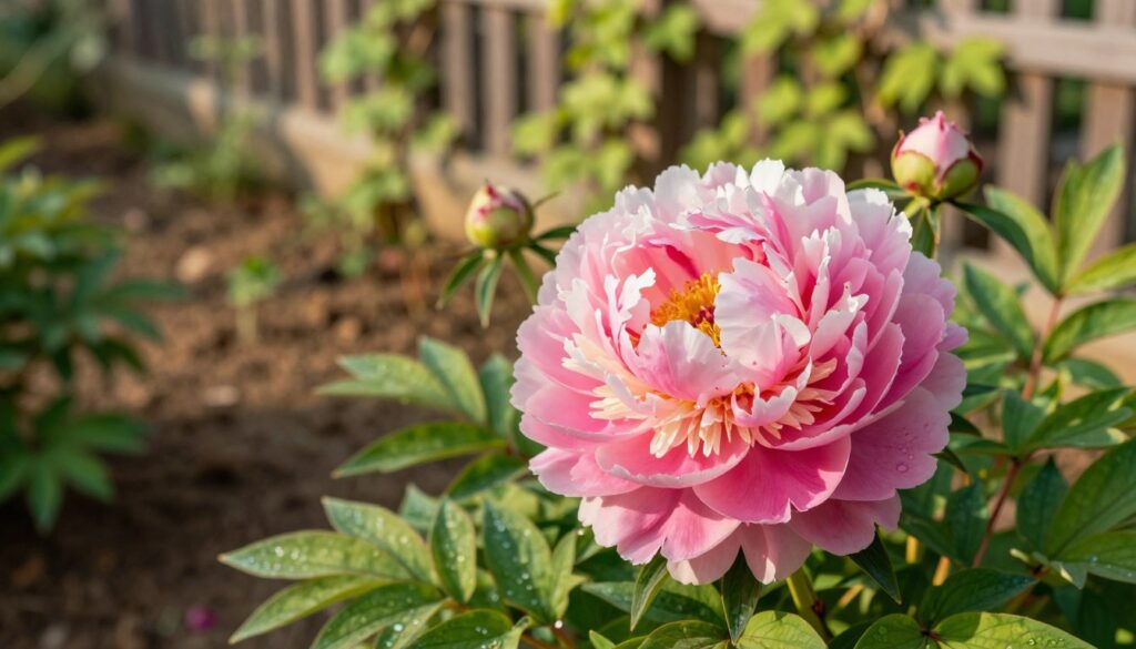 A vibrant peony in full bloom, showcasing its lush, layered petals in rich shades of pink and white, dominates the foreground. Surrounding the flower, healthy green leaves with subtle dew drops add freshness. In the middle ground, a garden setting features soft soil with hints of brown and a few delicate buds suggesting new growth. The background includes a softly blurred fence or trellis covered in light green vines, enhancing the garden atmosphere. The scene is bathed in warm, golden sunlight, creating a tranquil and inviting mood. A shallow depth of field focuses on the peony, capturing its intricate details, with gentle shadows providing depth and texture, emphasizing the beauty of this flourishing flower. A vibrant peony in full bloom, showcasing its lush, layered petals in rich shades of pink and white, dominates the foreground. Surrounding the flower, healthy green leaves with subtle dew drops add freshness. In the middle ground, a garden setting features soft soil with hints of brown and a few delicate buds suggesting new growth. The background includes a softly blurred fence or trellis covered in light green vines, enhancing the garden atmosphere. The scene is bathed in warm, golden sunlight, creating a tranquil and inviting mood. A shallow depth of field focuses on the peony, capturing its intricate details, with gentle shadows providing depth and texture, emphasizing the beauty of this flourishing flower.