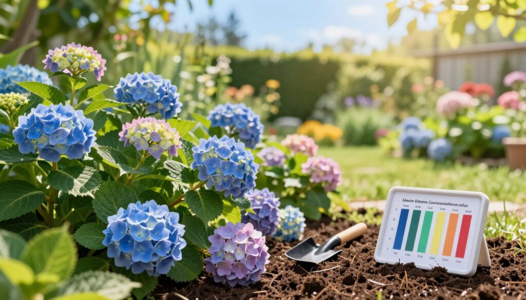 A vibrant, richly detailed garden scene showcasing hydrangeas in various shades of blue and pink, positioned in the foreground. They are thriving next to a soil test kit, displaying pH color chart indicators, emphasizing the importance of soil acidity for nutrient absorption. In the middle ground, lush green foliage surrounds the hydrangeas, and small garden tools are scattered about, hinting at recent gardening activity. The background features a gently blurred view of a sunny garden landscape with soft-focus flowers and greenery under a clear blue sky, creating an inviting and serene atmosphere. The lighting is warm and natural, capturing the essence of a sunny day, with the sun casting soft shadows across the scene, highlighting the health of the hydrangeas.