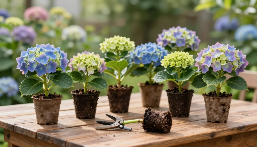 A vibrant scene depicting healthy hydrangea cuttings, arranged neatly on a rustic wooden table, with their lush green leaves and delicate, colorful blooms. In the foreground, showcase a pair of expertly pruned cuttings, with fresh stems and bright flower heads, catching the soft, natural sunlight. In the middle ground, include a variety of hydrangea cuttings in different stages of growth, hinting at their potential for propagation. The background features a softly blurred garden setting, with gentle bokeh effects of blooming flowers and verdant foliage, creating a serene atmosphere. The lighting is warm and inviting, evoking a sense of peace and readiness for planting. This image captures the essence of selecting the right time for taking hydrangea cuttings. A vibrant scene depicting healthy hydrangea cuttings, arranged neatly on a rustic wooden table, with their lush green leaves and delicate, colorful blooms. In the foreground, showcase a pair of expertly pruned cuttings, with fresh stems and bright flower heads, catching the soft, natural sunlight. In the middle ground, include a variety of hydrangea cuttings in different stages of growth, hinting at their potential for propagation. The background features a softly blurred garden setting, with gentle bokeh effects of blooming flowers and verdant foliage, creating a serene atmosphere. The lighting is warm and inviting, evoking a sense of peace and readiness for planting. This image captures the essence of selecting the right time for taking hydrangea cuttings.
