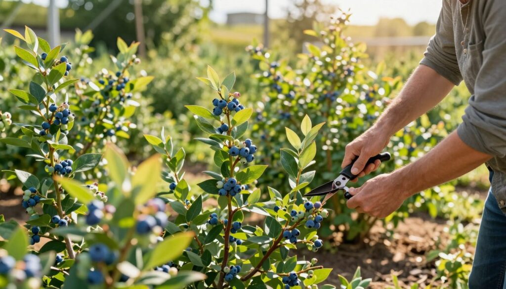 A vibrant scene of mature blueberry bushes undergoing careful shaping and pruning. In the foreground, a gardener, dressed in modest casual clothing, focuses on trimming the branches, showcasing fresh green leaves and clusters of ripe blueberries. The middle ground features neatly pruned shrubs, highlighting the structured yet natural appearance of the plants. The background displays a sunny, lush garden with soft sunlight filtering through, casting dappled shadows on the ground. The atmosphere is serene and productive, emphasizing the importance of proper care for healthy fruiting. The composition should have a warm color palette, with clear details in the foliage and fruits, captured with a soft focus lens to enhance the inviting mood of gardening. A vibrant scene of mature blueberry bushes undergoing careful shaping and pruning. In the foreground, a gardener, dressed in modest casual clothing, focuses on trimming the branches, showcasing fresh green leaves and clusters of ripe blueberries. The middle ground features neatly pruned shrubs, highlighting the structured yet natural appearance of the plants. The background displays a sunny, lush garden with soft sunlight filtering through, casting dappled shadows on the ground. The atmosphere is serene and productive, emphasizing the importance of proper care for healthy fruiting. The composition should have a warm color palette, with clear details in the foliage and fruits, captured with a soft focus lens to enhance the inviting mood of gardening.