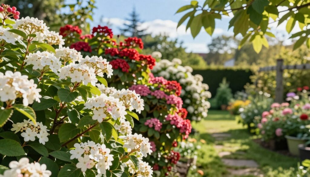 A vibrant scene showcasing the most popular varieties of viburnum (kalina) suitable for Polish gardens. In the foreground, include lush, blooming viburnum bushes with various shades of white, pink, and red flowers, highlighting their detailed petals and rich green leaves. In the middle ground, a well-maintained garden path lined with these viburnum plants creates an inviting atmosphere, with sunlight filtering through leafy branches. In the background, a serene garden setting features a clear blue sky and a soft-focus effect, enhancing the tranquility. Use warm, natural lighting to emphasize the flowers' vibrant colors and create a cheerful mood, captured with a slightly elevated view to showcase the garden layout effectively.