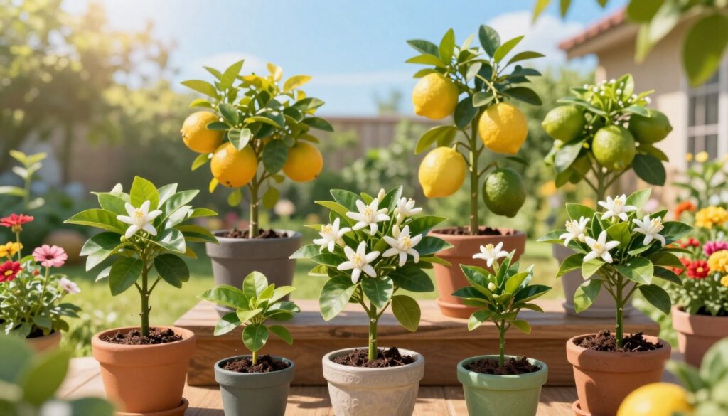 A vibrant selection of citrus seedlings displayed in a bright, sunlit garden setting. In the foreground, focus on several healthy young orange trees in decorative pots, showcasing lush green leaves and small, fragrant white flowers. The middle ground features various sizes of citrus saplings, such as lemon and lime, arranged artistically among colorful, blooming flowers and greenery. The background reveals a soft-focus view of a sunny backyard, with a clear blue sky and gentle sunlight streaming through. The scene evokes a warm, inviting atmosphere that inspires a sense of home gardening and nurturing plants. Soft shadows cast by the foliage enhance the depth. The image should be captured from a slightly elevated angle, emphasizing the arrangement and details of the seedlings. A vibrant selection of citrus seedlings displayed in a bright, sunlit garden setting. In the foreground, focus on several healthy young orange trees in decorative pots, showcasing lush green leaves and small, fragrant white flowers. The middle ground features various sizes of citrus saplings, such as lemon and lime, arranged artistically among colorful, blooming flowers and greenery. The background reveals a soft-focus view of a sunny backyard, with a clear blue sky and gentle sunlight streaming through. The scene evokes a warm, inviting atmosphere that inspires a sense of home gardening and nurturing plants. Soft shadows cast by the foliage enhance the depth. The image should be captured from a slightly elevated angle, emphasizing the arrangement and details of the seedlings.