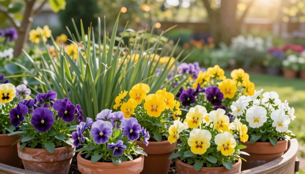 A vibrant selection of pansies (bratki) arranged artfully in an ornamental garden setting. In the foreground, a variety of colorful pansy blooms, showcasing deep purple, bright yellow, and soft white petals, are nestled in decorative terracotta pots and wooden planters. The middle ground features lush green foliage and gently swaying grasses that complement the vibrant flowers. In the background, a sunny garden scene with a soft-focus blend of blooming shrubs and trees creates an inviting atmosphere. The sunlight filters through the leaves, casting a warm, golden glow on the flowers, enhancing their colors. The scene conveys a joyful, serene mood, perfect for showcasing selections to enhance any garden space. The angle captures a slightly elevated view, inviting the viewer into this picturesque garden. A vibrant selection of pansies (bratki) arranged artfully in an ornamental garden setting. In the foreground, a variety of colorful pansy blooms, showcasing deep purple, bright yellow, and soft white petals, are nestled in decorative terracotta pots and wooden planters. The middle ground features lush green foliage and gently swaying grasses that complement the vibrant flowers. In the background, a sunny garden scene with a soft-focus blend of blooming shrubs and trees creates an inviting atmosphere. The sunlight filters through the leaves, casting a warm, golden glow on the flowers, enhancing their colors. The scene conveys a joyful, serene mood, perfect for showcasing selections to enhance any garden space. The angle captures a slightly elevated view, inviting the viewer into this picturesque garden.