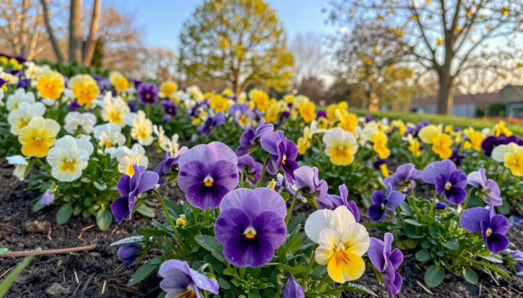 A vibrant spring landscape adorned with colorful pansies (bratki) in full bloom, showcasing various shades of purple, yellow, and white petals. In the foreground, a cluster of blooming pansies with dew glistening on their petals, surrounded by fresh green leaves. The middle ground features a gentle slope of a garden filled with more pansies basking in the soft sunlight, with some still covered lightly with frost, hinting at the lingering chill of early spring. In the background, soft-focus trees begin to sprout budding leaves, with a clear blue sky peeking through. The scene is illuminated with warm, golden sunlight, creating a cheerful and inviting atmosphere, perfectly embodying the essence of early spring gardening. Shot from a low angle to accentuate the vibrant colors of the flowers against the sky. A vibrant spring landscape adorned with colorful pansies (bratki) in full bloom, showcasing various shades of purple, yellow, and white petals. In the foreground, a cluster of blooming pansies with dew glistening on their petals, surrounded by fresh green leaves. The middle ground features a gentle slope of a garden filled with more pansies basking in the soft sunlight, with some still covered lightly with frost, hinting at the lingering chill of early spring. In the background, soft-focus trees begin to sprout budding leaves, with a clear blue sky peeking through. The scene is illuminated with warm, golden sunlight, creating a cheerful and inviting atmosphere, perfectly embodying the essence of early spring gardening. Shot from a low angle to accentuate the vibrant colors of the flowers against the sky.