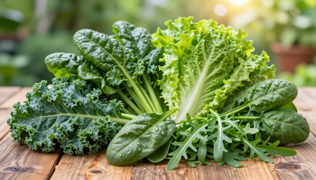 A vibrant still life featuring a variety of leafy green vegetables arranged artistically on a rustic wooden table. In the foreground, include kale, spinach, and arugula, their textures and colors rich and varied, glistening with morning dew. In the middle ground, add other greens like Swiss chard and romaine lettuce, their leaves fanned out invitingly. The background should softly fade into a lush garden setting, with hints of sunlight streaming through, creating a warm, inviting atmosphere. The lighting should be natural and bright, emphasizing the freshness and nutritional value of the vegetables. The composition should convey a sense of health and vitality, inspiring viewers to appreciate the benefits of incorporating leafy greens into their diets.