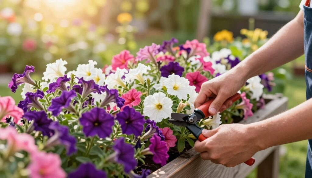 A vibrant summer scene showcasing a gardener skillfully tending to lush petunias in wooden planters. In the foreground, focus on a pair of hands gently pruning the colorful blooms, highlighting their velvety petals in shades of purple, pink, and white. In the middle ground, an array of overflowing petunia planters adds depth, with cascading flowers creating a stunning floral display. The background features a sunlit garden with soft bokeh effects, emphasizing a peaceful summer atmosphere. The lighting is warm and golden, capturing the essence of a sunny day. The image should evoke a sense of care, rejuvenation, and the joy of gardening, with no people present to distract from the petunias' beauty. A vibrant summer scene showcasing a gardener skillfully tending to lush petunias in wooden planters. In the foreground, focus on a pair of hands gently pruning the colorful blooms, highlighting their velvety petals in shades of purple, pink, and white. In the middle ground, an array of overflowing petunia planters adds depth, with cascading flowers creating a stunning floral display. The background features a sunlit garden with soft bokeh effects, emphasizing a peaceful summer atmosphere. The lighting is warm and golden, capturing the essence of a sunny day. The image should evoke a sense of care, rejuvenation, and the joy of gardening, with no people present to distract from the petunias' beauty.