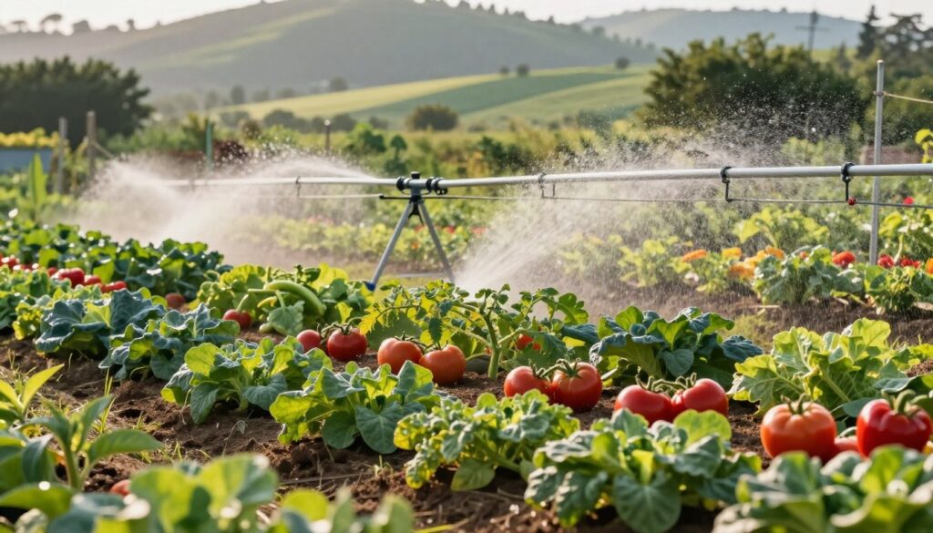 A vibrant vegetable garden in the foreground, showcasing a variety of plants like tomatoes, cucumbers, and peppers, all thriving under a fine mist of irrigation. In the middle ground, an automated irrigation system efficiently waters the plants, with water droplets glistening in the sunlight. The background features a lush landscape, with rolling hills and shaded trees, highlighting the importance of proper irrigation in the face of climate change. The scene is illuminated with soft, warm sunlight, creating a serene and optimistic atmosphere. The angle is slightly elevated, providing a wide view of the garden, capturing both the beauty of the vegetables and the innovative watering techniques used to sustain them. A vibrant vegetable garden in the foreground, showcasing a variety of plants like tomatoes, cucumbers, and peppers, all thriving under a fine mist of irrigation. In the middle ground, an automated irrigation system efficiently waters the plants, with water droplets glistening in the sunlight. The background features a lush landscape, with rolling hills and shaded trees, highlighting the importance of proper irrigation in the face of climate change. The scene is illuminated with soft, warm sunlight, creating a serene and optimistic atmosphere. The angle is slightly elevated, providing a wide view of the garden, capturing both the beauty of the vegetables and the innovative watering techniques used to sustain them.