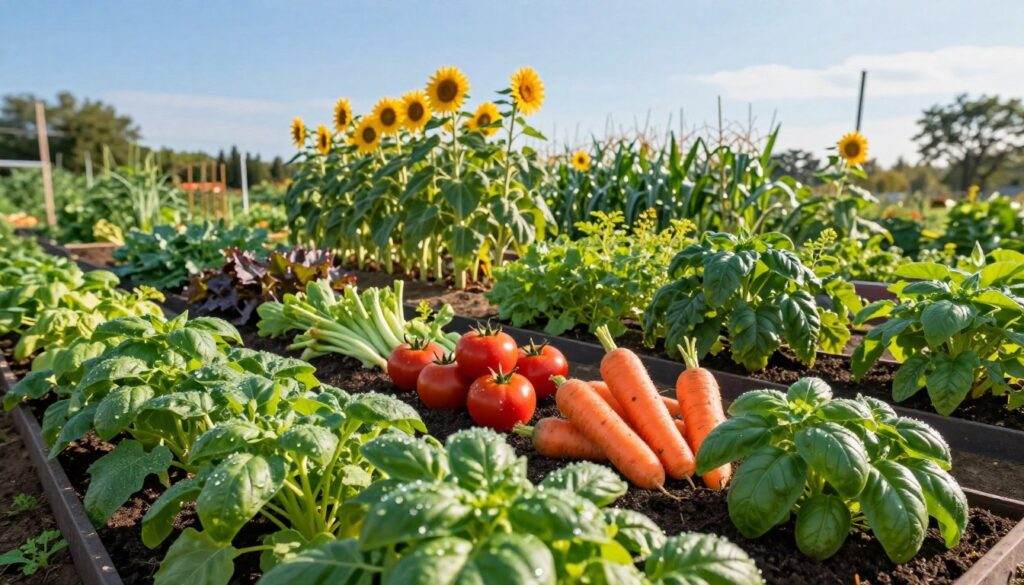 A vibrant vegetable garden scene showcasing the concept of companion planting, with colorful rows of diverse vegetables like tomatoes, carrots, and basil planted harmoniously next to one another. In the foreground, lush green leaves and plump vegetables are detailed, with sunlight glistening on dew drops. The middle area features taller plants like sunflowers or corn, creating a natural backdrop for the shorter vegetation. In the background, a clear blue sky enhances the brightness of the scene, complemented by the gentle curvature of garden beds. The overall atmosphere is cheerful and inviting, evoking a sense of growth and productivity, illuminated by warm, natural lighting that highlights the textures and colors of the plants. A vibrant vegetable garden scene showcasing the concept of companion planting, with colorful rows of diverse vegetables like tomatoes, carrots, and basil planted harmoniously next to one another. In the foreground, lush green leaves and plump vegetables are detailed, with sunlight glistening on dew drops. The middle area features taller plants like sunflowers or corn, creating a natural backdrop for the shorter vegetation. In the background, a clear blue sky enhances the brightness of the scene, complemented by the gentle curvature of garden beds. The overall atmosphere is cheerful and inviting, evoking a sense of growth and productivity, illuminated by warm, natural lighting that highlights the textures and colors of the plants.
