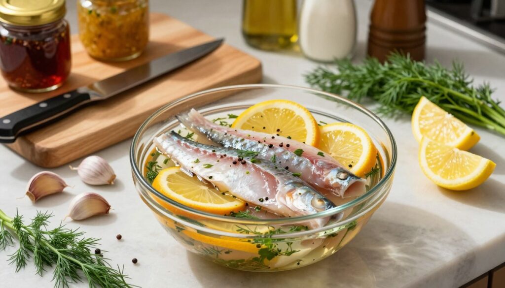 A visually captivating kitchen scene focusing on the art of marinating fish. In the foreground, a beautifully arranged glass bowl filled with fresh fish fillets, glistening with a vibrant mix of herbs, spices, and citrus slices, emphasizing the marination process. The middle ground features an array of colorful ingredients such as garlic cloves, lemon wedges, and sprigs of dill, artfully scattered around the bowl. In the background, a wooden cutting board with a chef's knife rests beside jars of marinades and condiments, suggesting preparation. Warm, natural lighting enhances the freshness of the ingredients, casting soft shadows that create a cozy atmosphere. The angle captures the scene from slightly above, drawing the viewer into the inviting world of culinary exploration and flavor enhancement. A visually captivating kitchen scene focusing on the art of marinating fish. In the foreground, a beautifully arranged glass bowl filled with fresh fish fillets, glistening with a vibrant mix of herbs, spices, and citrus slices, emphasizing the marination process. The middle ground features an array of colorful ingredients such as garlic cloves, lemon wedges, and sprigs of dill, artfully scattered around the bowl. In the background, a wooden cutting board with a chef's knife rests beside jars of marinades and condiments, suggesting preparation. Warm, natural lighting enhances the freshness of the ingredients, casting soft shadows that create a cozy atmosphere. The angle captures the scene from slightly above, drawing the viewer into the inviting world of culinary exploration and flavor enhancement.