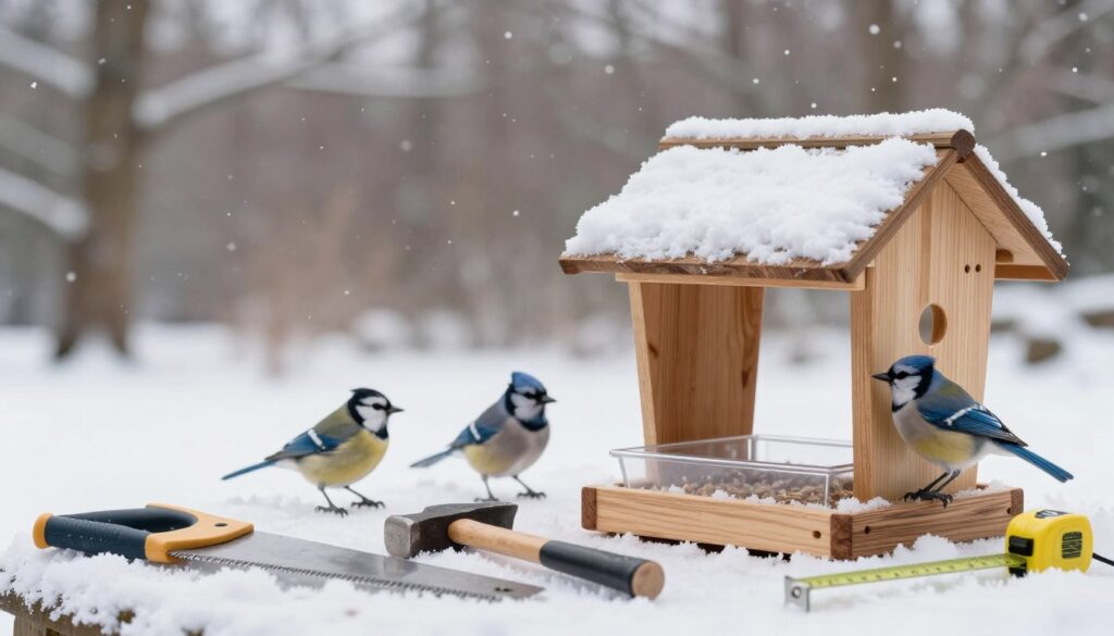 A well-constructed bird feeder prominently displayed in a serene winter setting, showing various essential materials and tools for its construction. In the foreground, the feeder is made of untreated wood with a slanted roof, a clear feeding tray, and an open design to prevent snow accumulation. Nearby, useful tools like a saw, hammer, and measuring tape are artistically arranged. In the middle ground, gentle snowflakes fall, and a few colorful birds—like blue jays and finches—perch on the feeder, representing the intended audience. The background features a softly blurred winter landscape with bare trees and a muted sky, evoking a calm and inviting atmosphere. Soft, diffused natural light enhances the scene, creating a cozy mood suitable for winter wildlife care. A well-constructed bird feeder prominently displayed in a serene winter setting, showing various essential materials and tools for its construction. In the foreground, the feeder is made of untreated wood with a slanted roof, a clear feeding tray, and an open design to prevent snow accumulation. Nearby, useful tools like a saw, hammer, and measuring tape are artistically arranged. In the middle ground, gentle snowflakes fall, and a few colorful birds—like blue jays and finches—perch on the feeder, representing the intended audience. The background features a softly blurred winter landscape with bare trees and a muted sky, evoking a calm and inviting atmosphere. Soft, diffused natural light enhances the scene, creating a cozy mood suitable for winter wildlife care.