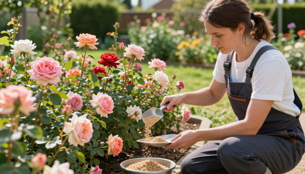 A well-lit garden scene focused on the safe application of granulated manure for roses. In the foreground, a gardener in professional attire kneels beside vibrant rose bushes, carefully measuring and spreading the granulated fertilizer with a scoop. The middle ground features lush, blooming roses in various colors, demonstrating the effects of proper fertilization. Behind, a sunlit garden with fresh greenery and healthy plants adds depth, while soft natural lighting casts warm highlights over the scene. The angle is slightly elevated, capturing the gardener's focused expression and ensuring clarity on the application technique. The atmosphere is serene and purposeful, evoking a sense of care and dedication to nurturing beautiful flowers. A well-lit garden scene focused on the safe application of granulated manure for roses. In the foreground, a gardener in professional attire kneels beside vibrant rose bushes, carefully measuring and spreading the granulated fertilizer with a scoop. The middle ground features lush, blooming roses in various colors, demonstrating the effects of proper fertilization. Behind, a sunlit garden with fresh greenery and healthy plants adds depth, while soft natural lighting casts warm highlights over the scene. The angle is slightly elevated, capturing the gardener's focused expression and ensuring clarity on the application technique. The atmosphere is serene and purposeful, evoking a sense of care and dedication to nurturing beautiful flowers.