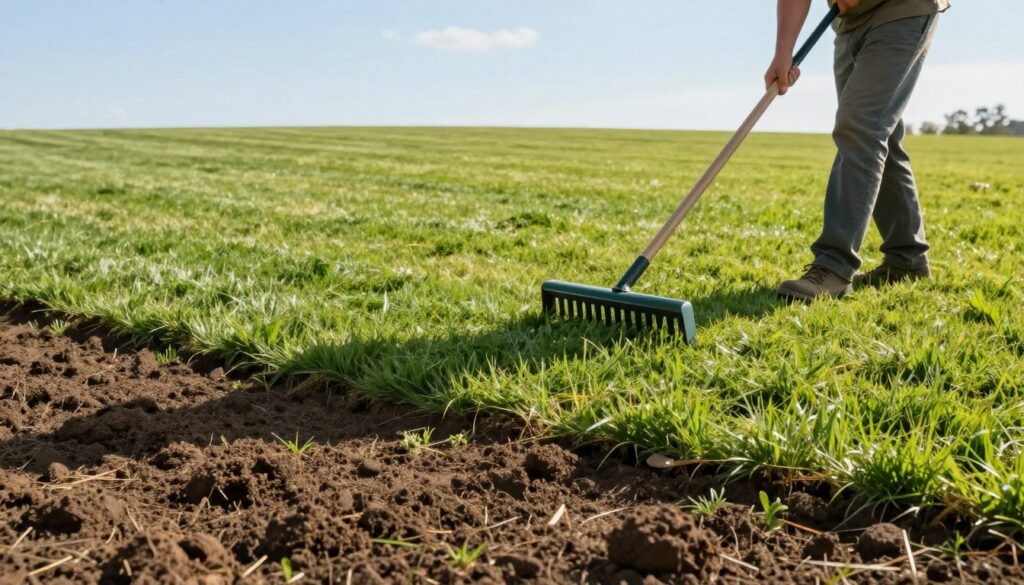 A well-maintained lawn being leveled, showcasing a lawn care professional in modest casual clothing using a rake to smooth out uneven patches. The foreground features freshly disturbed soil, with small clumps of grass visible. In the middle ground, a lush, green lawn stretches out, displaying areas of varying heights being transformed into a flat, even surface. The background includes a clear blue sky, with soft sunlight casting gentle shadows, creating a peaceful, serene atmosphere. The composition should evoke a sense of tranquility and satisfaction in lawn care, captured from a slightly elevated angle to encompass the entire scene, showcasing the dedication to lawn improvement. A well-maintained lawn being leveled, showcasing a lawn care professional in modest casual clothing using a rake to smooth out uneven patches. The foreground features freshly disturbed soil, with small clumps of grass visible. In the middle ground, a lush, green lawn stretches out, displaying areas of varying heights being transformed into a flat, even surface. The background includes a clear blue sky, with soft sunlight casting gentle shadows, creating a peaceful, serene atmosphere. The composition should evoke a sense of tranquility and satisfaction in lawn care, captured from a slightly elevated angle to encompass the entire scene, showcasing the dedication to lawn improvement.