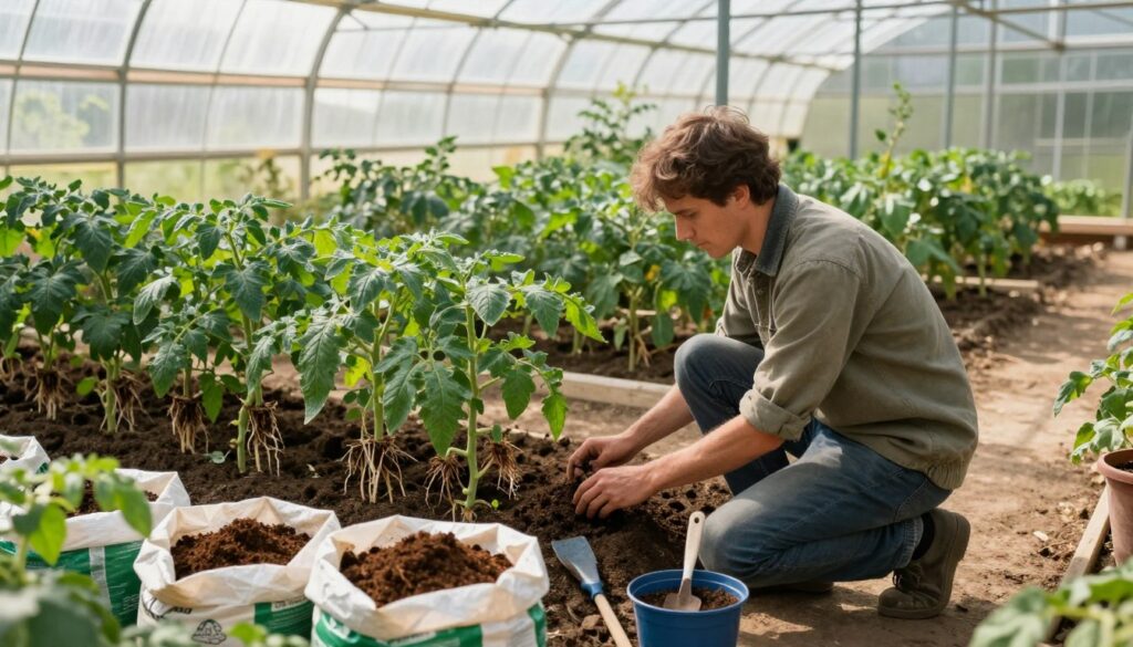 A well-organized greenhouse setting focused on preparing tomato soil. In the foreground, a gardener kneels, wearing practical, modest gardening attire, surrounded by bags of rich compost and gardening tools. The middle ground features lush green tomato plants with their roots exposed, illustrating an ideal soil structure. In the background, rows of sunlight streaming through the greenhouse's transparent plastic covering emphasize a bright and warm atmosphere. The light casts gentle shadows, creating a serene yet productive mood. Capture the scene from a slightly elevated angle to provide a comprehensive view, highlighting the importance of soil preparation for thriving tomato plants. A well-organized greenhouse setting focused on preparing tomato soil. In the foreground, a gardener kneels, wearing practical, modest gardening attire, surrounded by bags of rich compost and gardening tools. The middle ground features lush green tomato plants with their roots exposed, illustrating an ideal soil structure. In the background, rows of sunlight streaming through the greenhouse's transparent plastic covering emphasize a bright and warm atmosphere. The light casts gentle shadows, creating a serene yet productive mood. Capture the scene from a slightly elevated angle to provide a comprehensive view, highlighting the importance of soil preparation for thriving tomato plants.