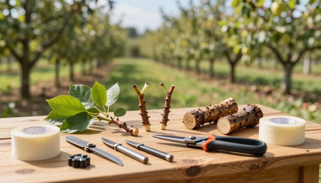 A well-organized workspace for preparing tools and materials for grafting fruit trees. In the foreground, a wooden table holds essential tools: sharp grafting knives, pruning shears, and spools of grafting tape, all arranged neatly. In the middle ground, a selection of healthy fruit tree scions and rootstocks are displayed, showcasing vibrant green leaves and fresh cuts. The background features a soft-focus view of a sunny orchard, with blurred trees and blue sky, creating a warm, inviting atmosphere. Natural sunlight filters through, casting gentle shadows and highlighting the tools. The mood is practical and focused, emphasizing the importance of proper preparation for successful grafting. A well-organized workspace for preparing tools and materials for grafting fruit trees. In the foreground, a wooden table holds essential tools: sharp grafting knives, pruning shears, and spools of grafting tape, all arranged neatly. In the middle ground, a selection of healthy fruit tree scions and rootstocks are displayed, showcasing vibrant green leaves and fresh cuts. The background features a soft-focus view of a sunny orchard, with blurred trees and blue sky, creating a warm, inviting atmosphere. Natural sunlight filters through, casting gentle shadows and highlighting the tools. The mood is practical and focused, emphasizing the importance of proper preparation for successful grafting.